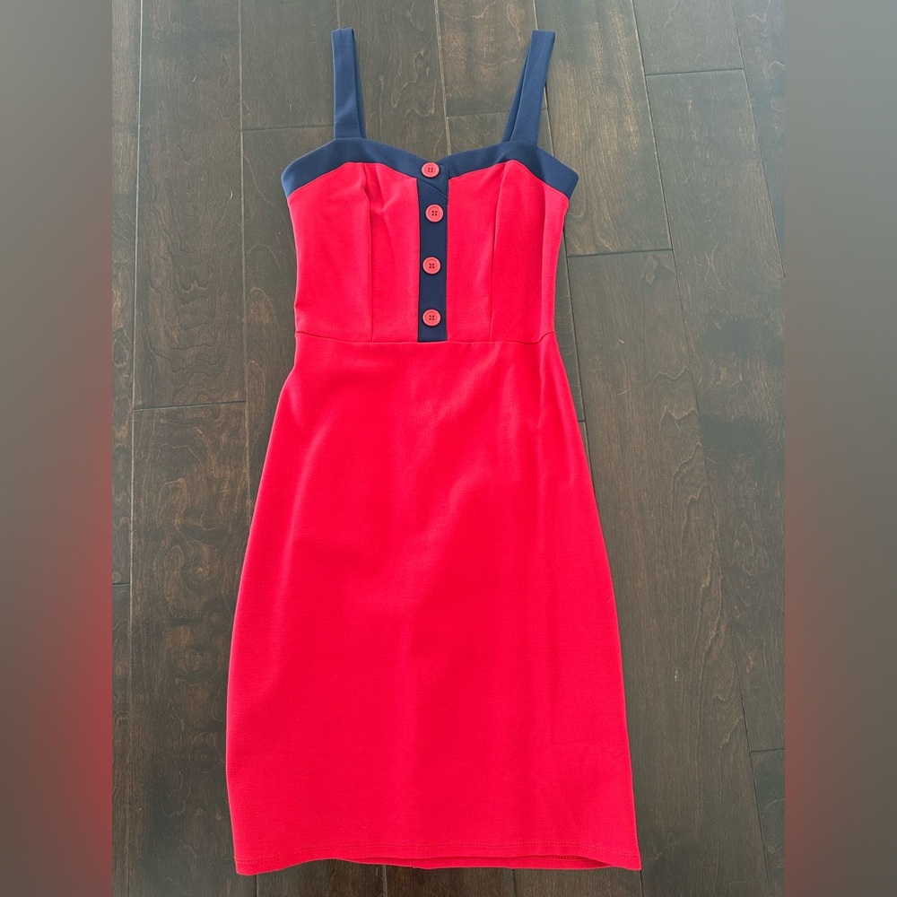 Modcloth sleeveless midi dress red blue trim nautical stretchy
